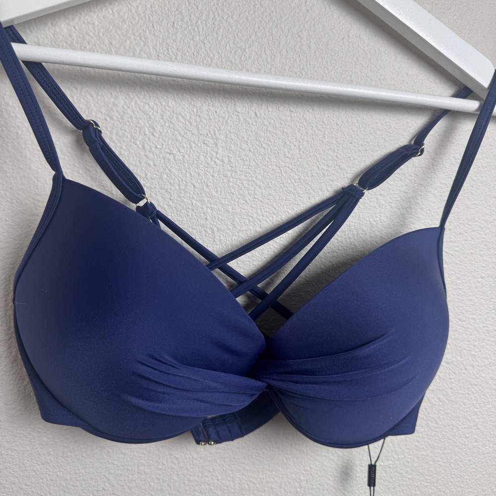 Relleciga Womens Navy Blue Twisted Front Crisscross Back Bikini Top Size XL NEW - Picture 5 of 7